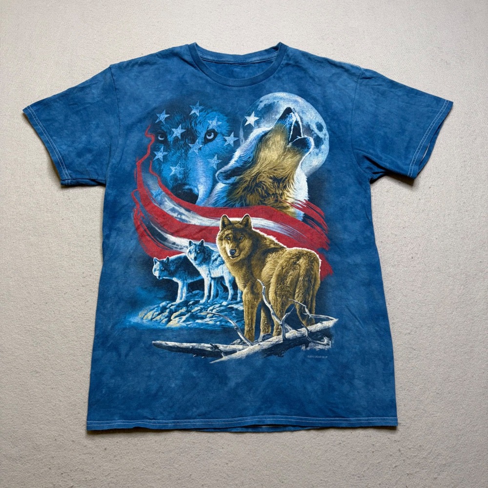 Liquid Blue T-Shirt Men Small Blue Wolf‎ American Flag Tie Dye Graphic Tee 2015